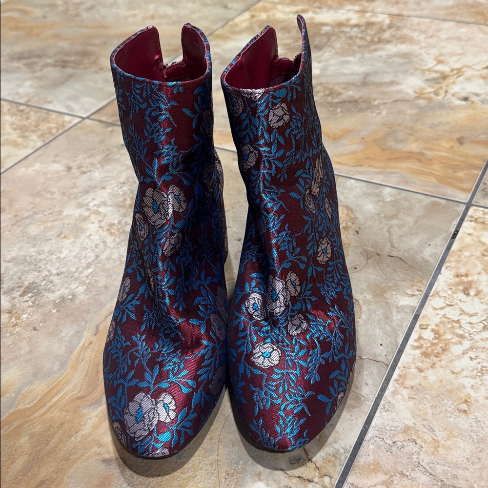 Gianni Bini Burgundy Floral Brocade Ankle Boots with Blue Accents